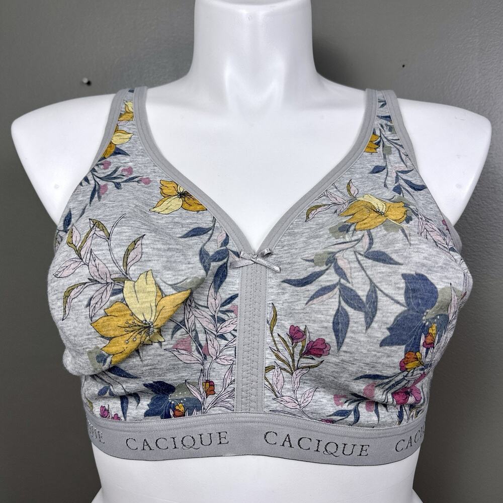 Cacique Bra 42F Unlined Full Coverage No Wire Polyester Cotton Blend Gray Floral